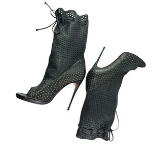 Christian Louboutin Black Perforated Leather Jennifer 120 Open Toe Boots 38 8